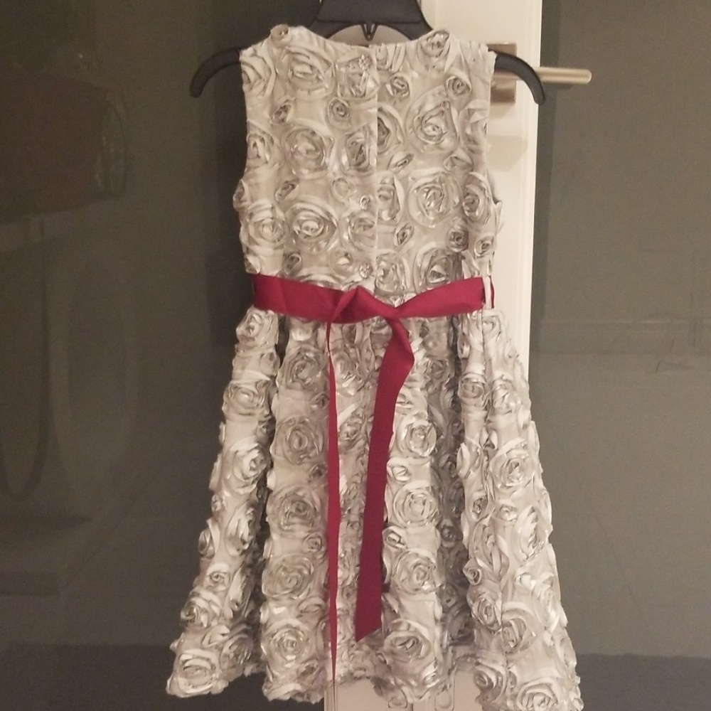 Elegant silver dress with burgundy accent bow